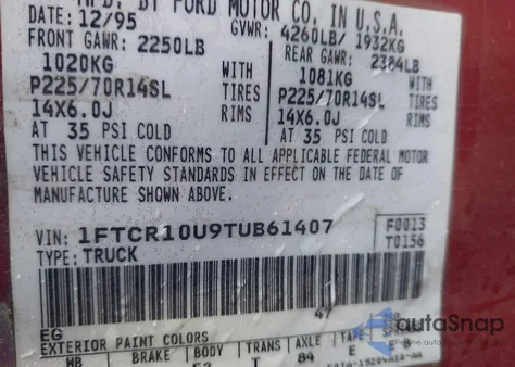 1996 Ford Ranger z USA, uszkodzony, nr VIN 1FTCR10U9TUB61407